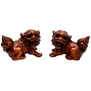 Ojime Netsuke Two Foo Dog Lion Figurines Hand-Carved Boxwood Signed No Hole #1.3